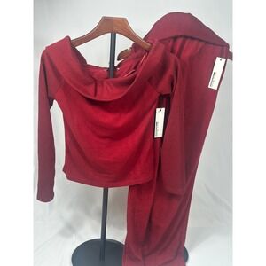 Burgundy Off Shoulder Knit Sweater Pants Set Women Haute Monde